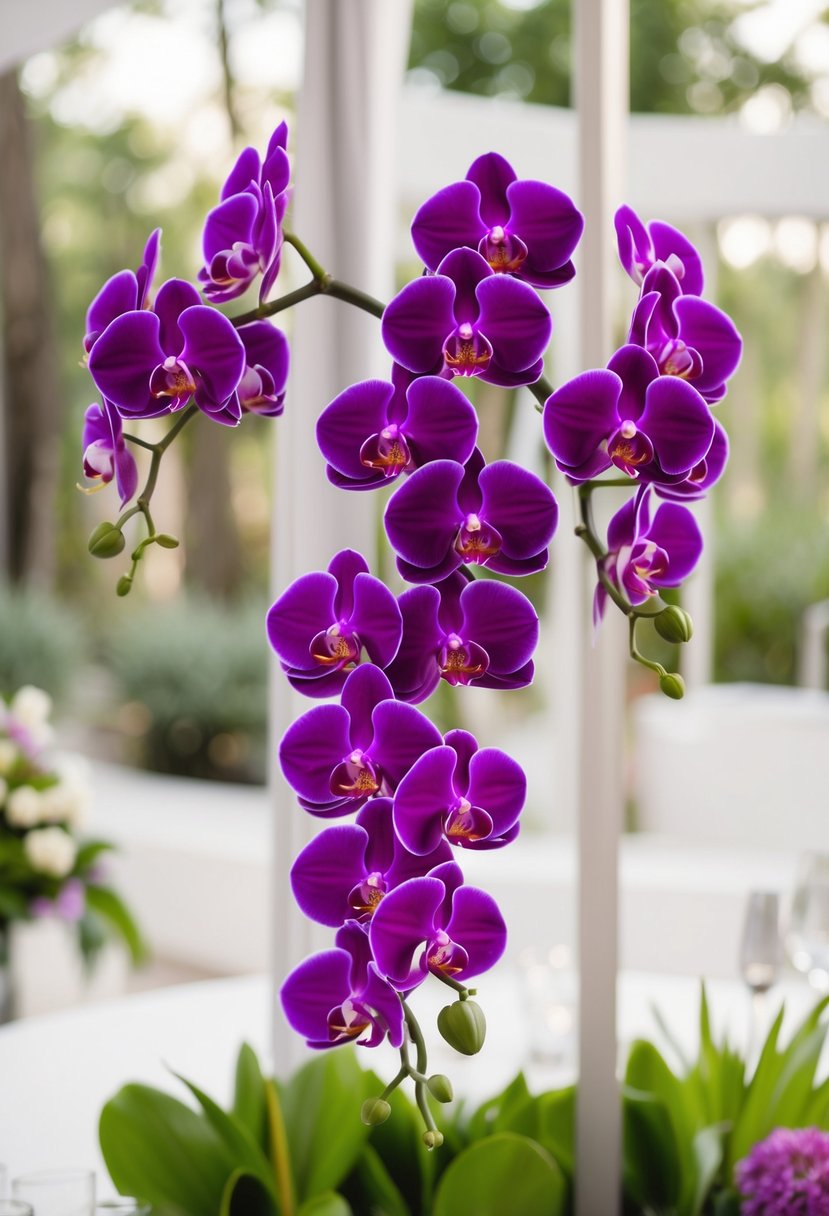 A lush cascade of purple and white orchids in a modern, minimalist wedding bouquet