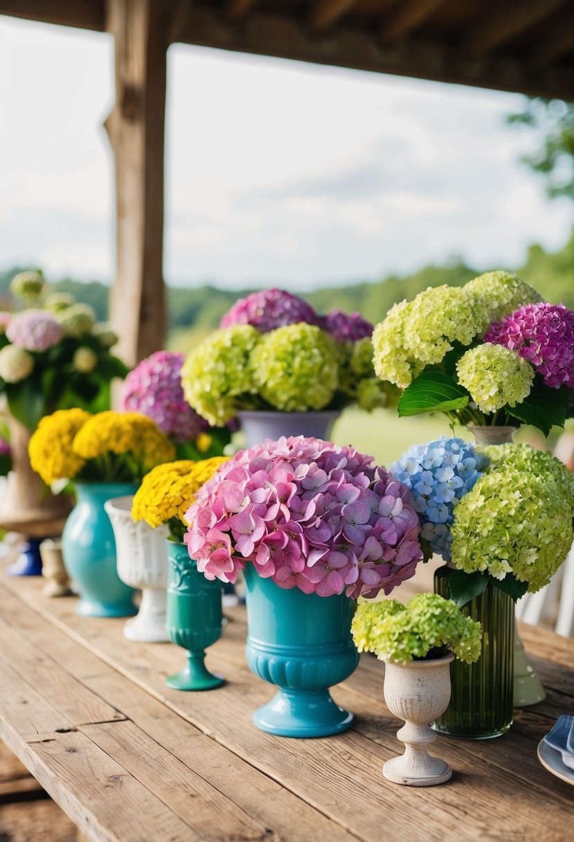 A rustic wooden table adorned with a variety of vibrant hydrangea arrangements in mismatched vases and containers, creating a unique and whimsical wedding bouquet display