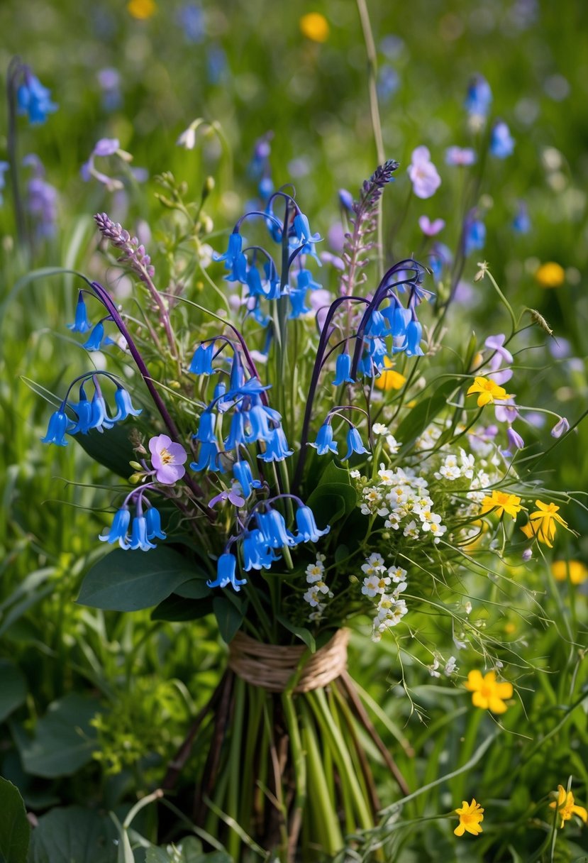 A lush bouquet of bluebells and forget-me-nots intertwined with delicate wildflowers in a natural, untamed arrangement