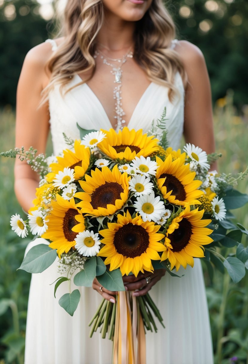 A whimsical wedding bouquet featuring sunflowers and daisies in a bohemian style