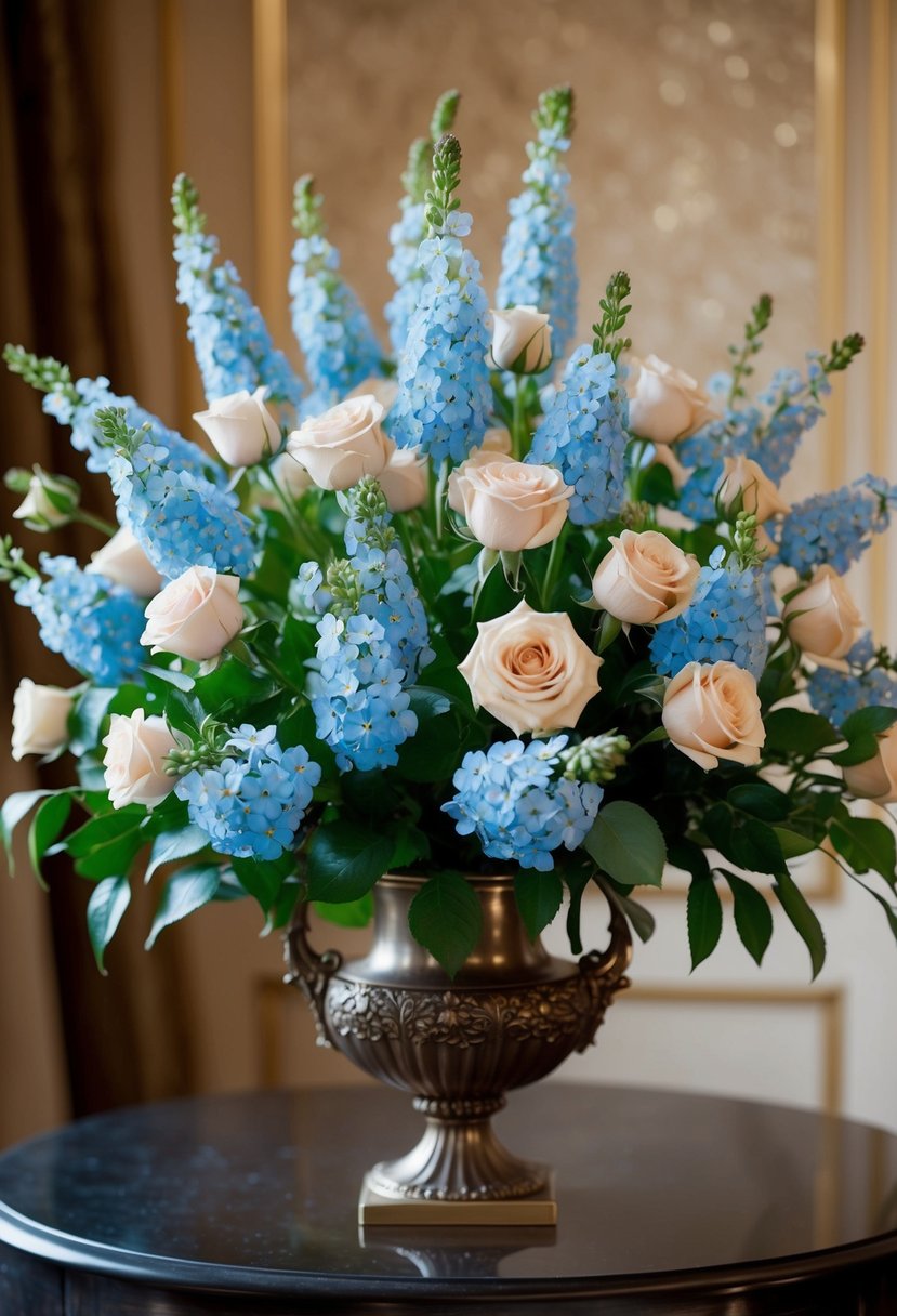 A lavish bouquet of forget-me-nots and roses arranged in an ornate vase