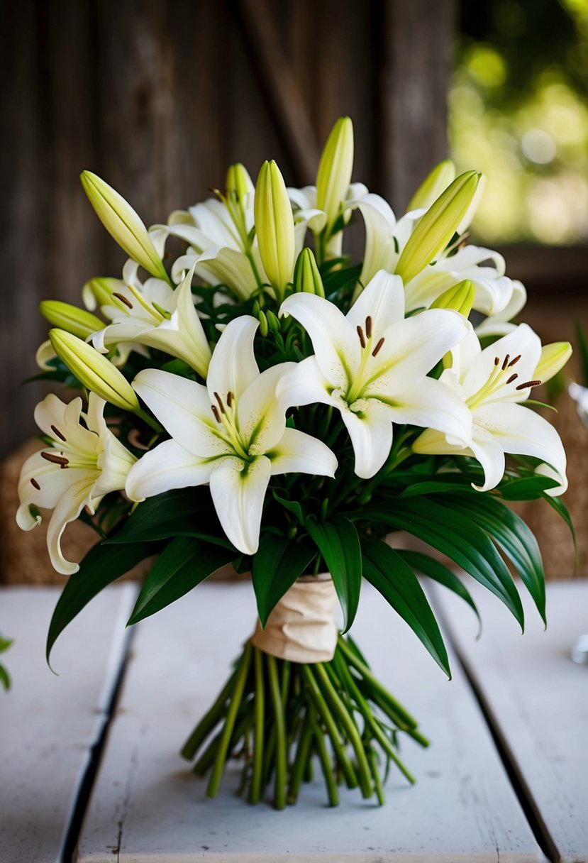 A bouquet of classic white lilies arranged in a rustic kala wedding setting