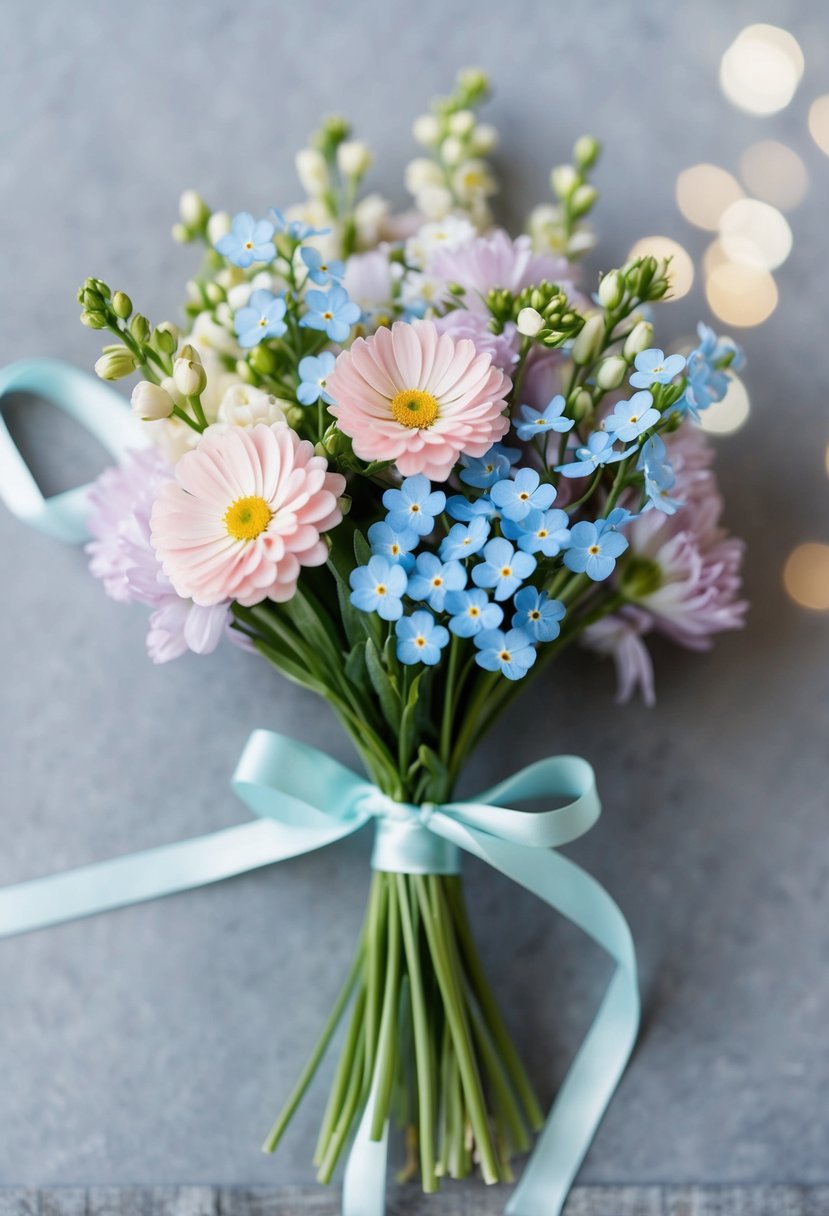 A delicate bouquet of pastel blooms, including forget-me-nots, tied with long, flowing ribbons