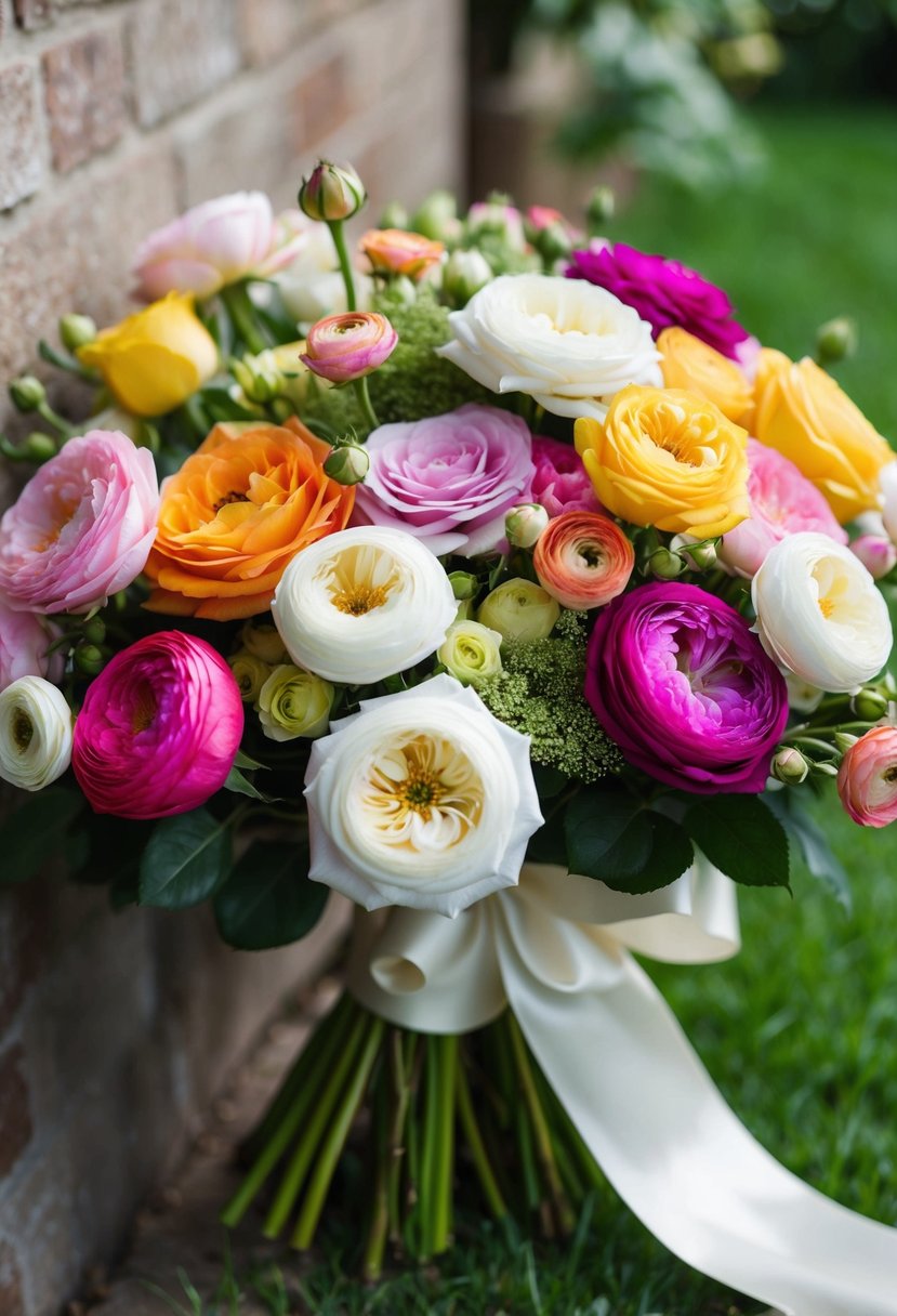 A lush bouquet of garden roses and ranunculus in a variety of colors, tied with a silk ribbon