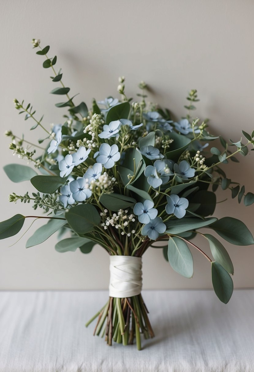 A bridal bouquet featuring delicate forget-me-nots intertwined with fresh eucalyptus sprigs, creating a whimsical and romantic wedding bouquet idea