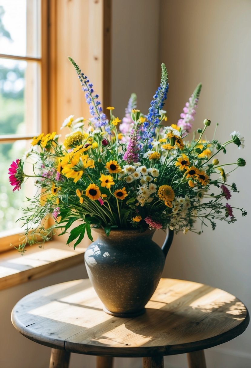 A vibrant bouquet of wildflowers nestled in a rustic vase on a wooden table. Sunlight streams through a nearby window, casting a warm glow on the delicate blooms