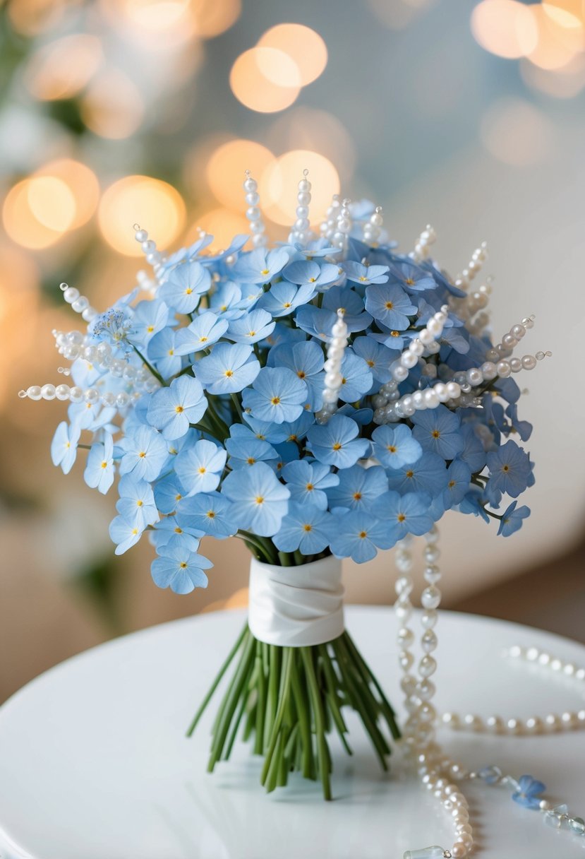 A delicate bouquet of white forget-me-nots adorned with dainty pearls and crystal accents