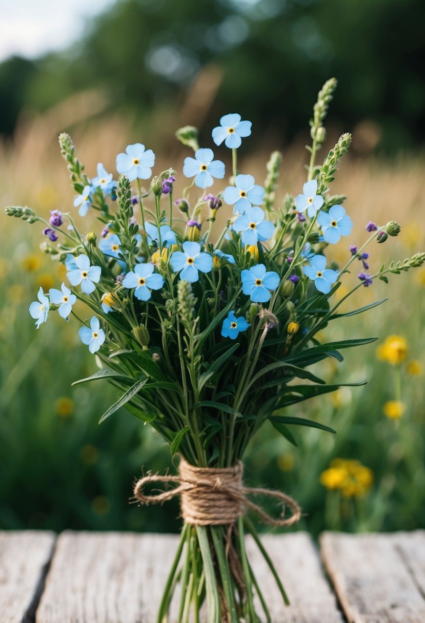 A rustic bouquet of wildflowers, including forget-me-nots, tied with twine