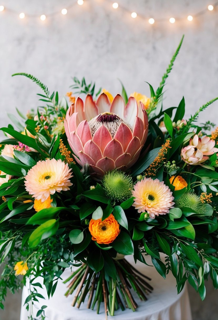 A vibrant Protea centerpiece surrounded by lush greenery and smaller blooms, creating a bold and elegant wedding bouquet