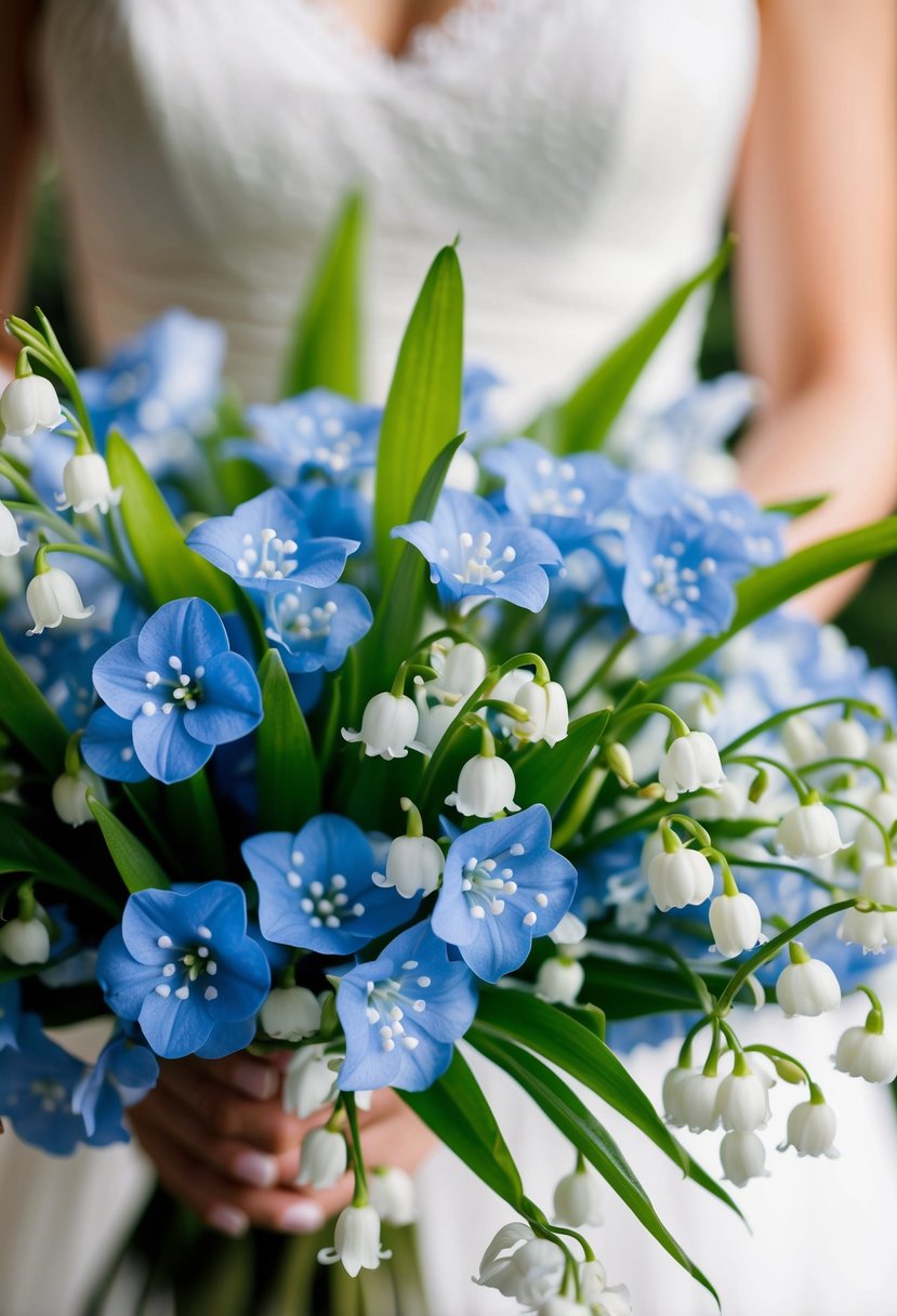 A delicate bouquet of blue Forget-Me-Nots intertwined with fragrant Lily of the Valley, creating a romantic and elegant wedding bouquet