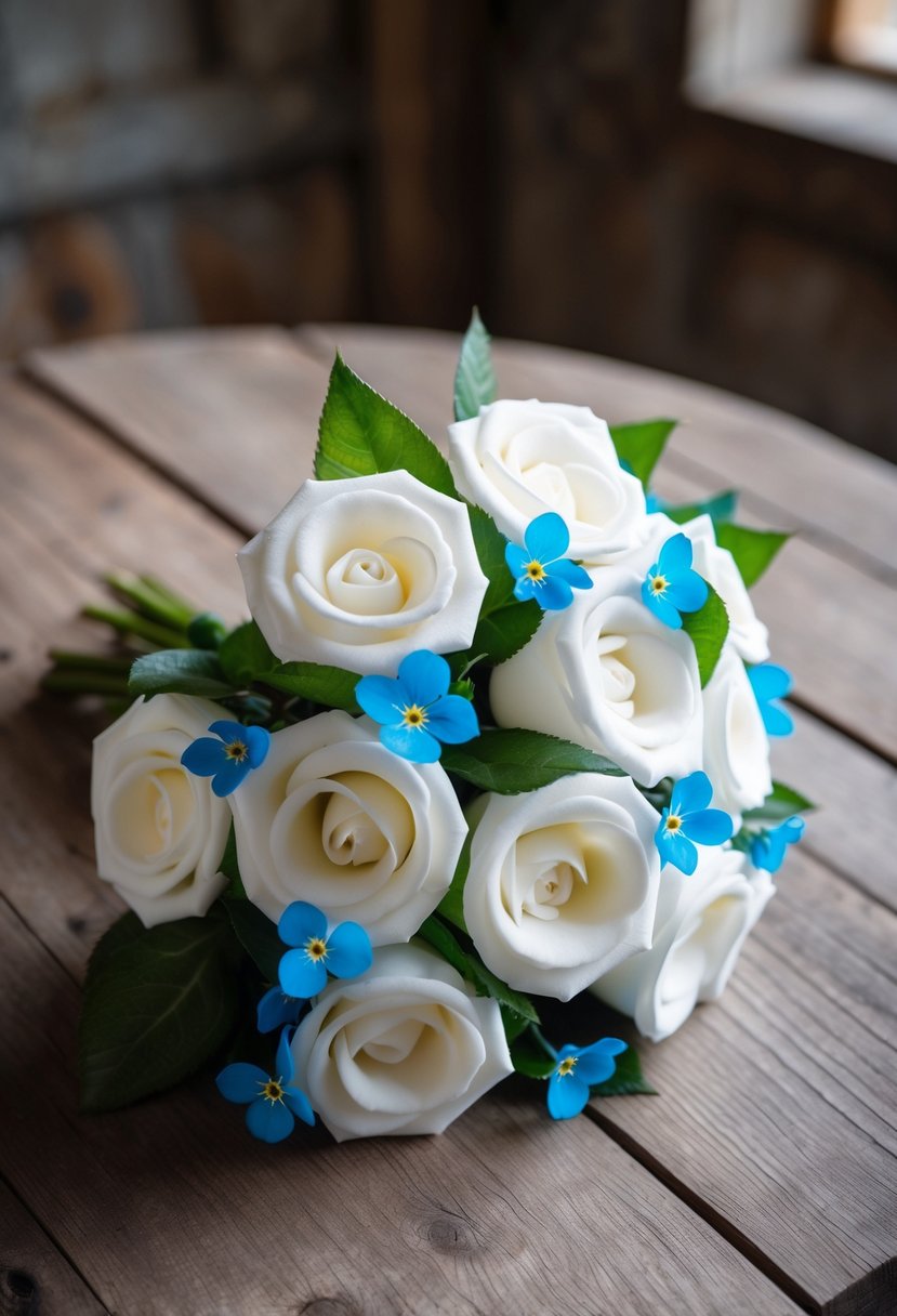 A delicate bouquet of foam roses and forget-me-nots intertwined, sitting on a rustic wooden table