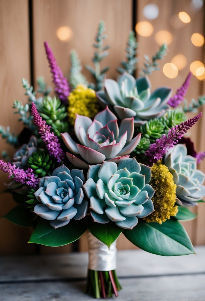 A modern succulent wedding bouquet with kala accents, featuring a mix of vibrant and muted colors, arranged in a stylish and elegant composition