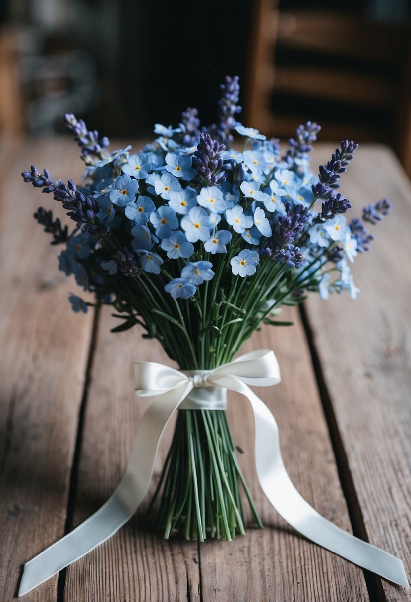 A delicate bouquet of forget-me-nots and lavender, tied with a satin ribbon, rests on a rustic wooden table