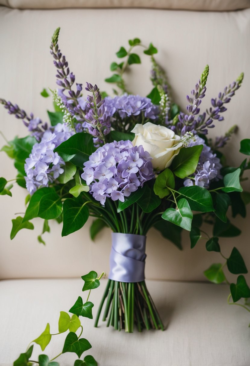 A vintage-inspired wedding bouquet featuring delicate lavender blooms and trailing ivy, tied with a satin ribbon