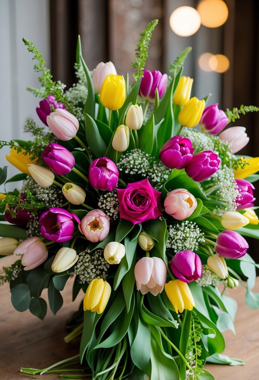 A vibrant bouquet of tulips and roses arranged in a cascading style, with greenery and baby's breath interspersed throughout