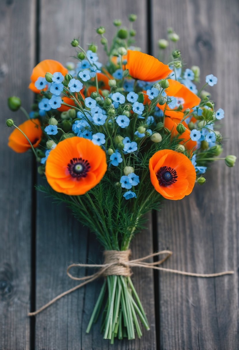 A rustic bouquet of forget-me-nots and poppies, tied with twine