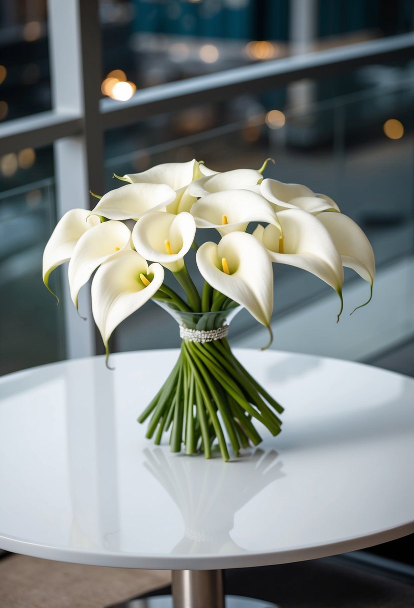 A pristine white wedding bouquet of calla lilies rests on a sleek, modern table