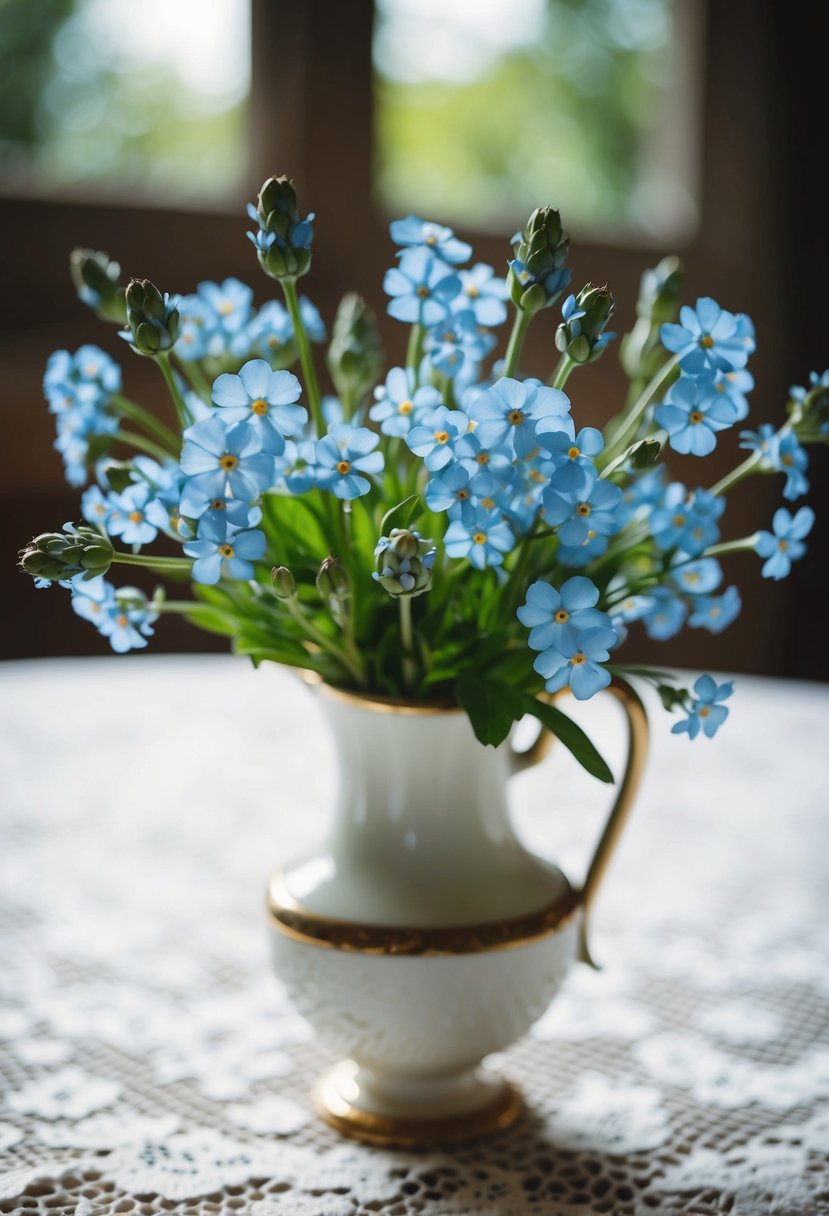 A delicate bouquet of forget-me-nots and waxflower buds in a vintage vase on a lace tablecloth