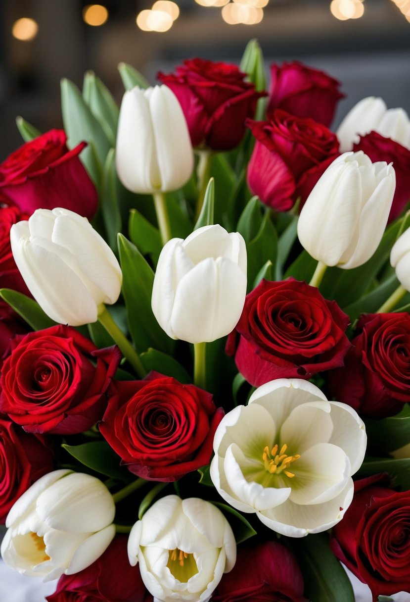 A lush bouquet of red roses and white tulips arranged in a classic and elegant combination