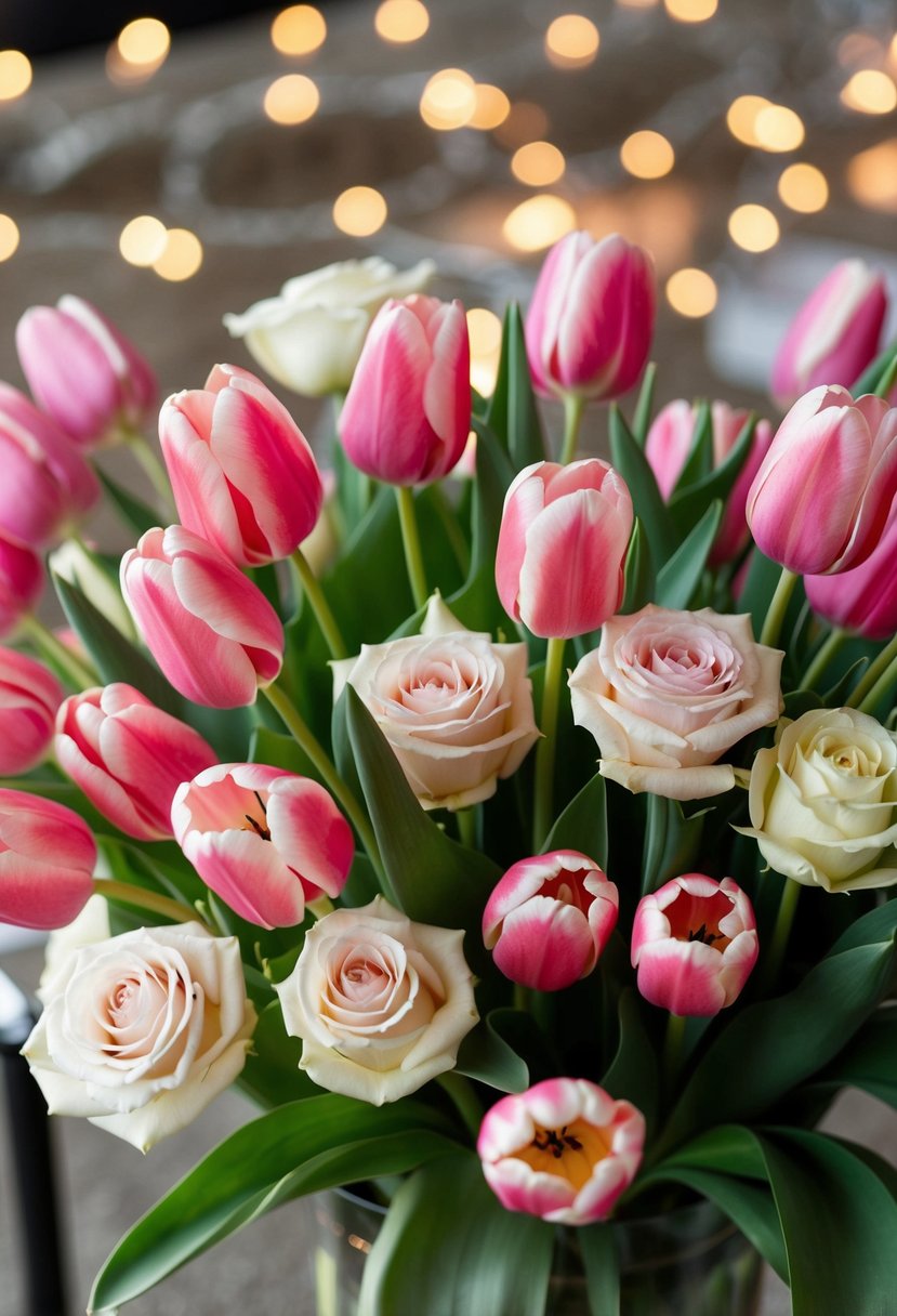 A bouquet of pink tulips and ivory roses arranged elegantly