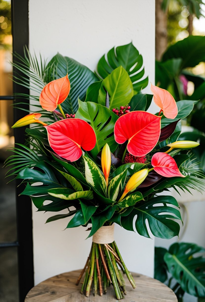 A vibrant bouquet of tropical anthuriums, kala, and other lush foliage arranged in a stylish wedding bouquet