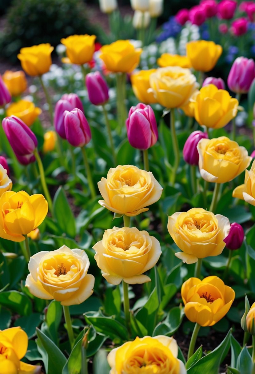 A lush mix of yellow roses and tulips in a spring garden setting