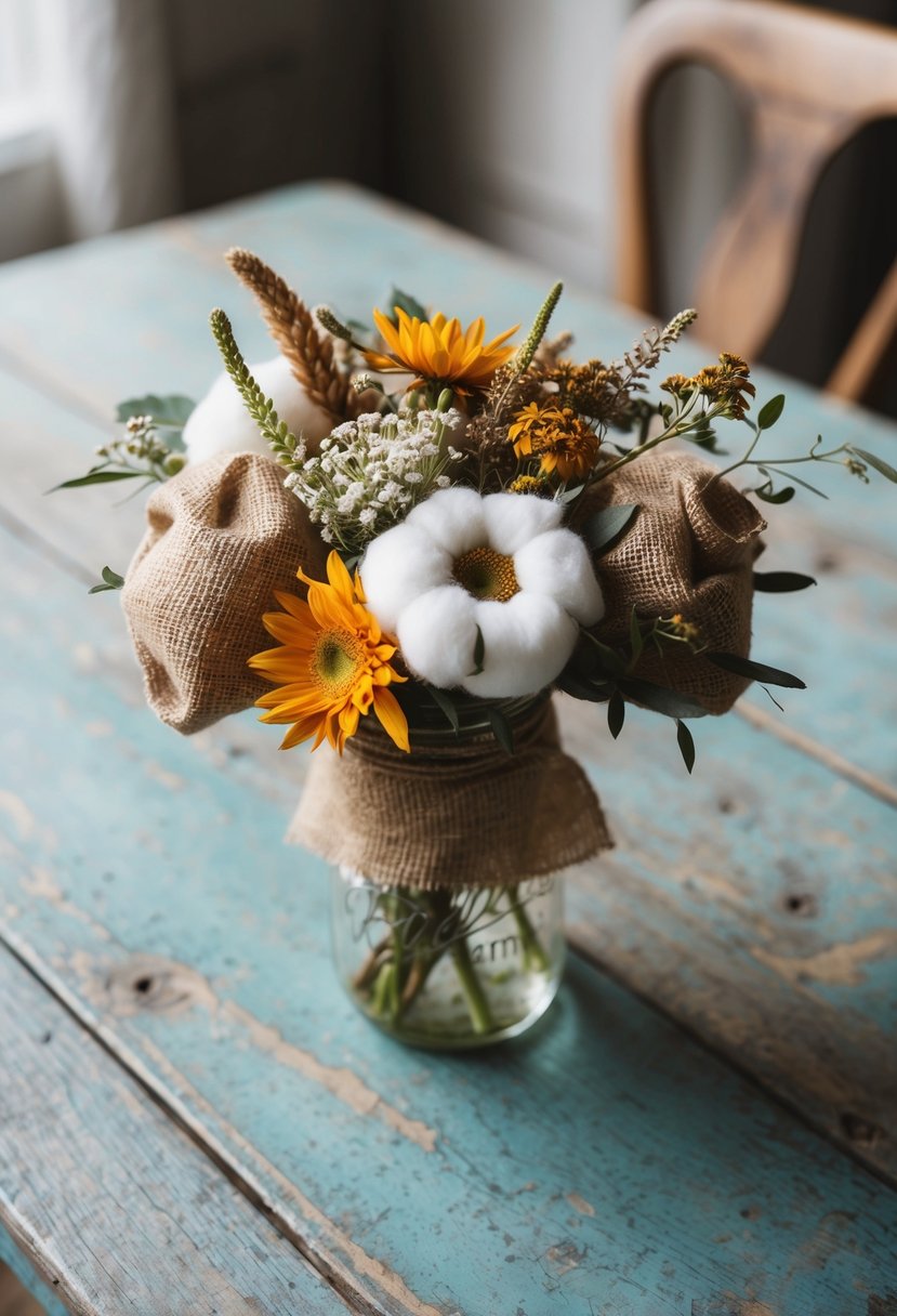 A burlap and cotton wedding bouquet, with earthy tones and wildflowers, nestled in a vintage mason jar on a weathered wooden table