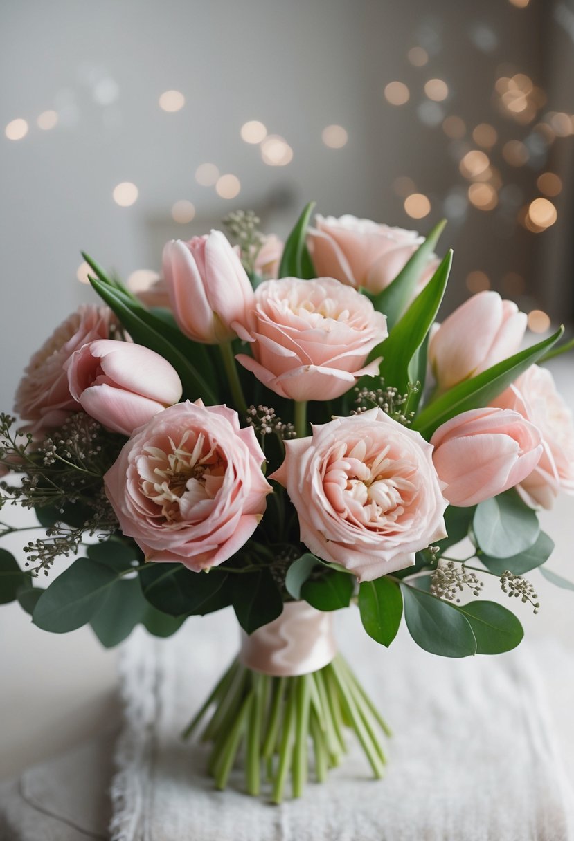 A vintage-style bouquet of blush roses and tulips arranged in a delicate, romantic manner