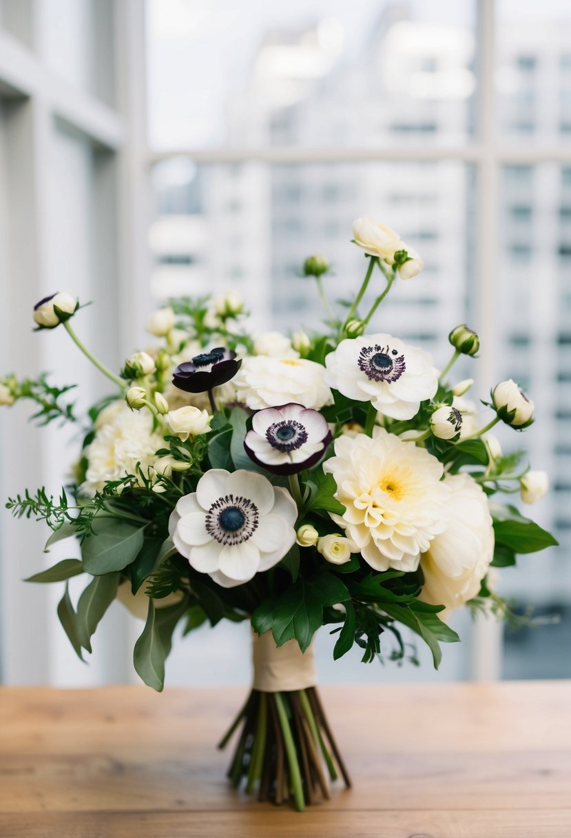 A chic wedding bouquet featuring anemones and dahlias in a modern, minimalist style