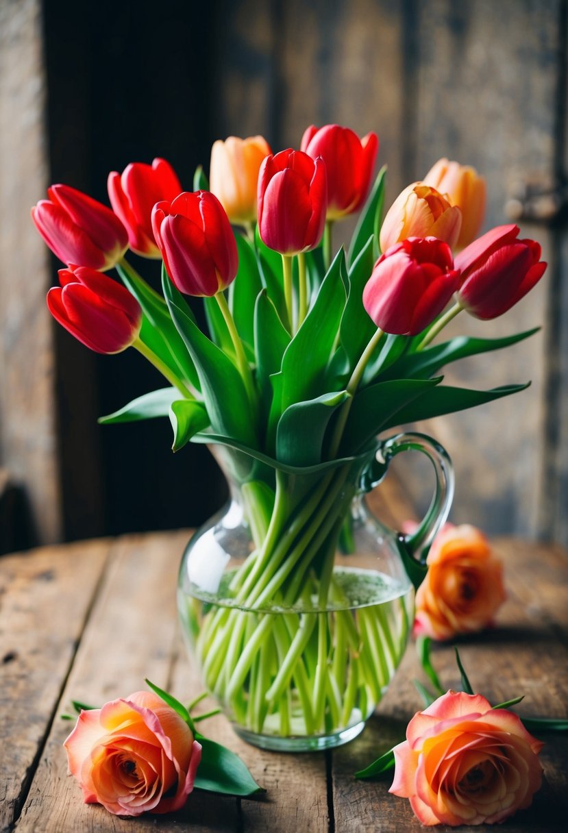 A vibrant bouquet of red tulips and peach roses arranged in a glass vase on a rustic wooden table