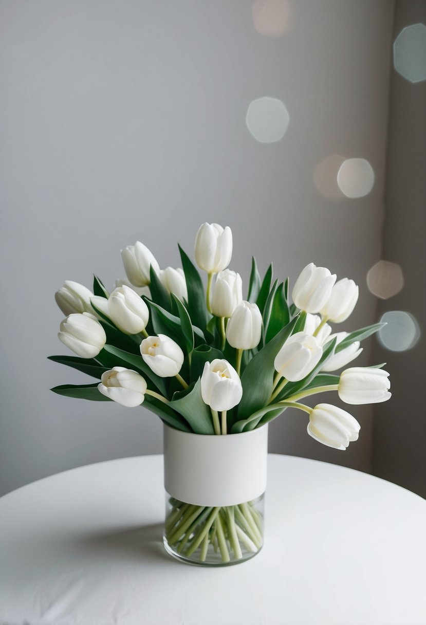 A simple bouquet of white tulips and roses, arranged in a minimalist style