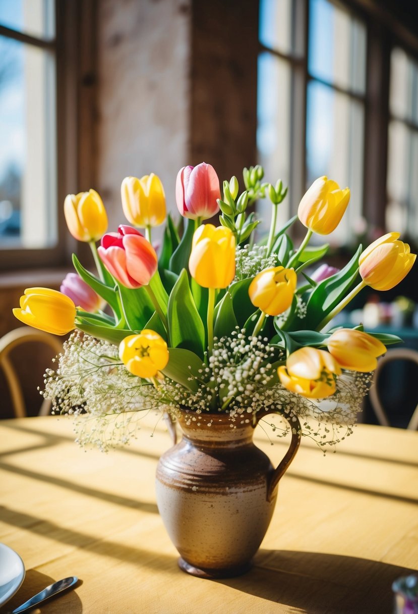 A vibrant bouquet of whimsical tulips and delicate baby's breath arranged in a rustic vase on a sunlit table