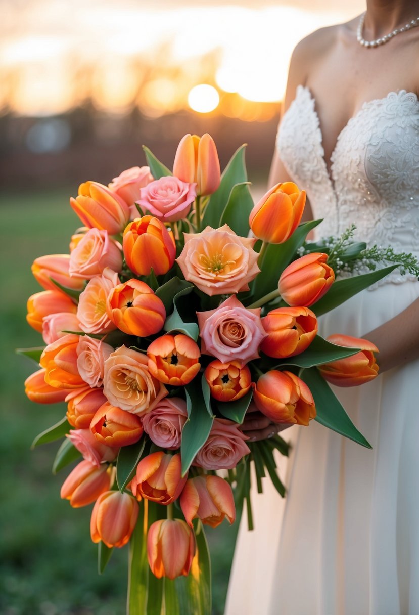 Vibrant orange tulips and coral roses arranged in a cascading wedding bouquet, with the warm glow of a sunset in the background