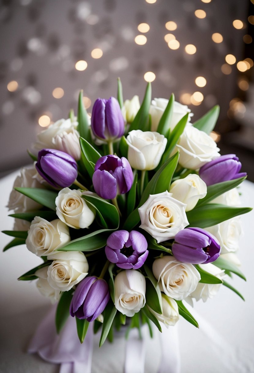 A bouquet of lavender tulips and white roses arranged in a luxurious wedding bouquet