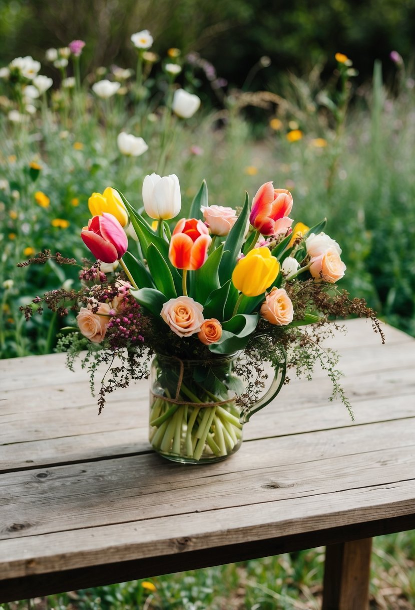 A rustic wooden table adorned with a wild bouquet of tulips and garden roses, set against a natural backdrop of greenery and wildflowers