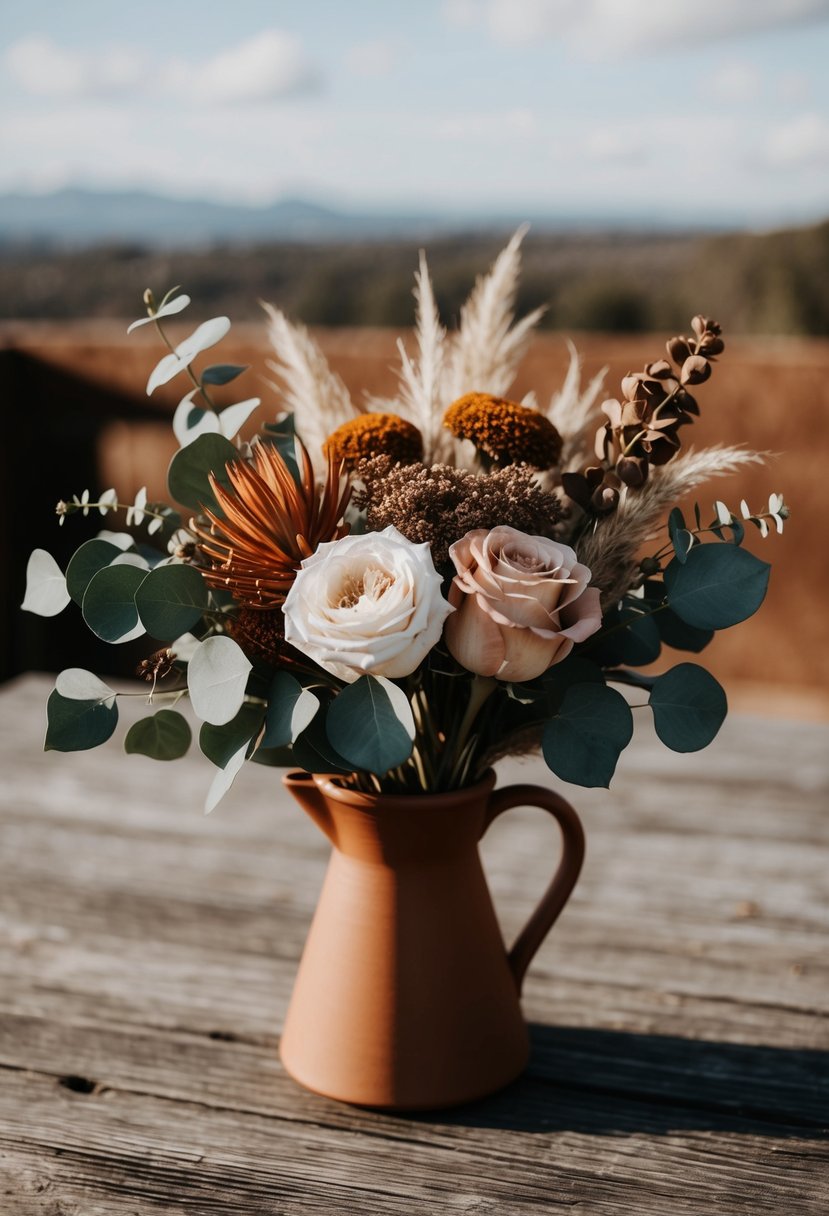 A terracotta wedding bouquet with eucalyptus, roses, and dried flowers arranged in a rustic, earthy style