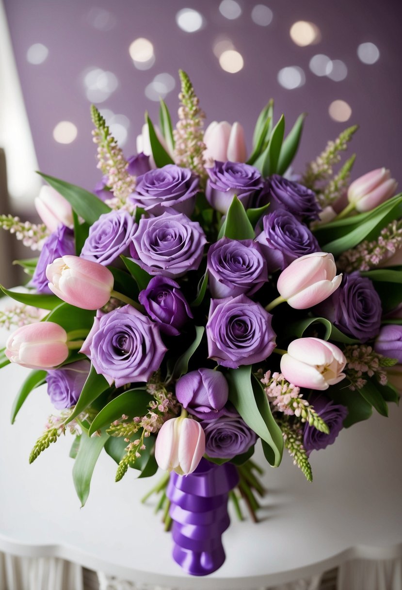 A lush bouquet of purple roses and pastel pink tulips arranged in a delicate, cascading design