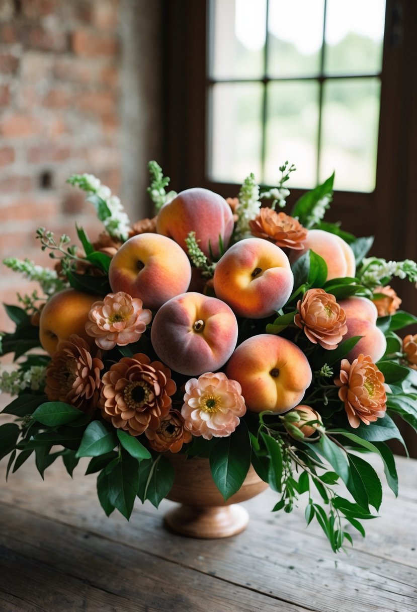 A lush bouquet of ripe peaches and terracotta blooms arranged in a rustic, elegant style