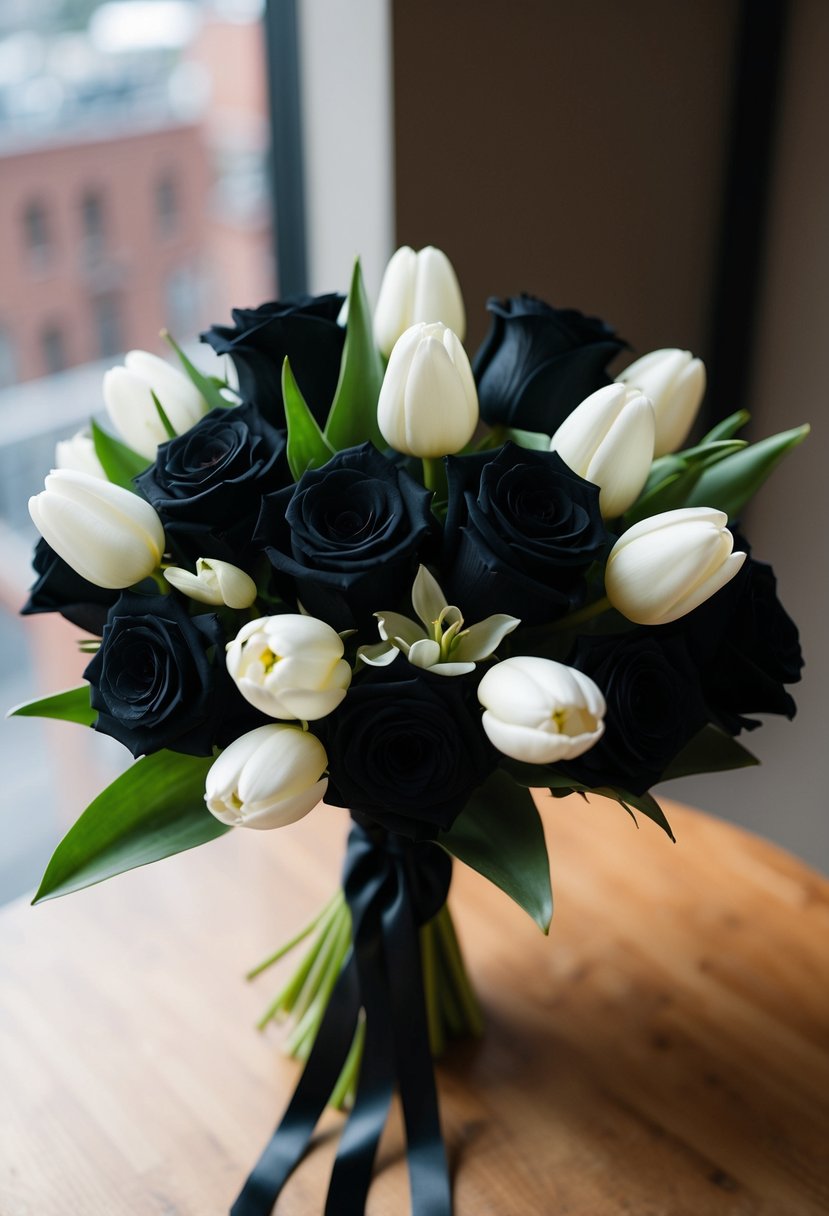 A chic black-tie wedding bouquet with black roses and white tulips arranged in a modern, elegant style