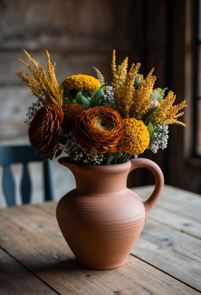 A terracotta vase filled with rust and mustard floral arrangements, set on a wooden table