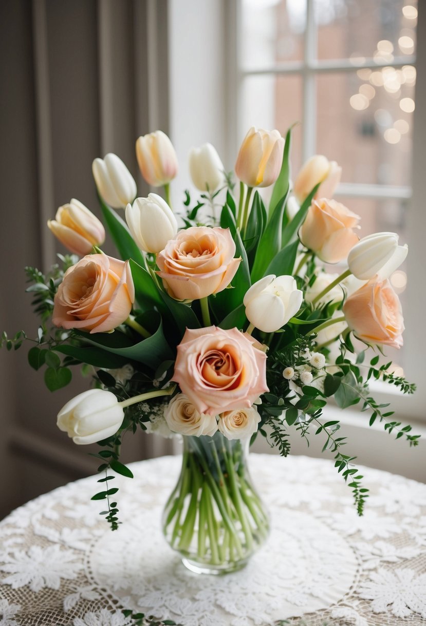 A bouquet of delicate peach roses and white tulips, elegantly arranged with greenery, sits in a glass vase on a lace-covered table