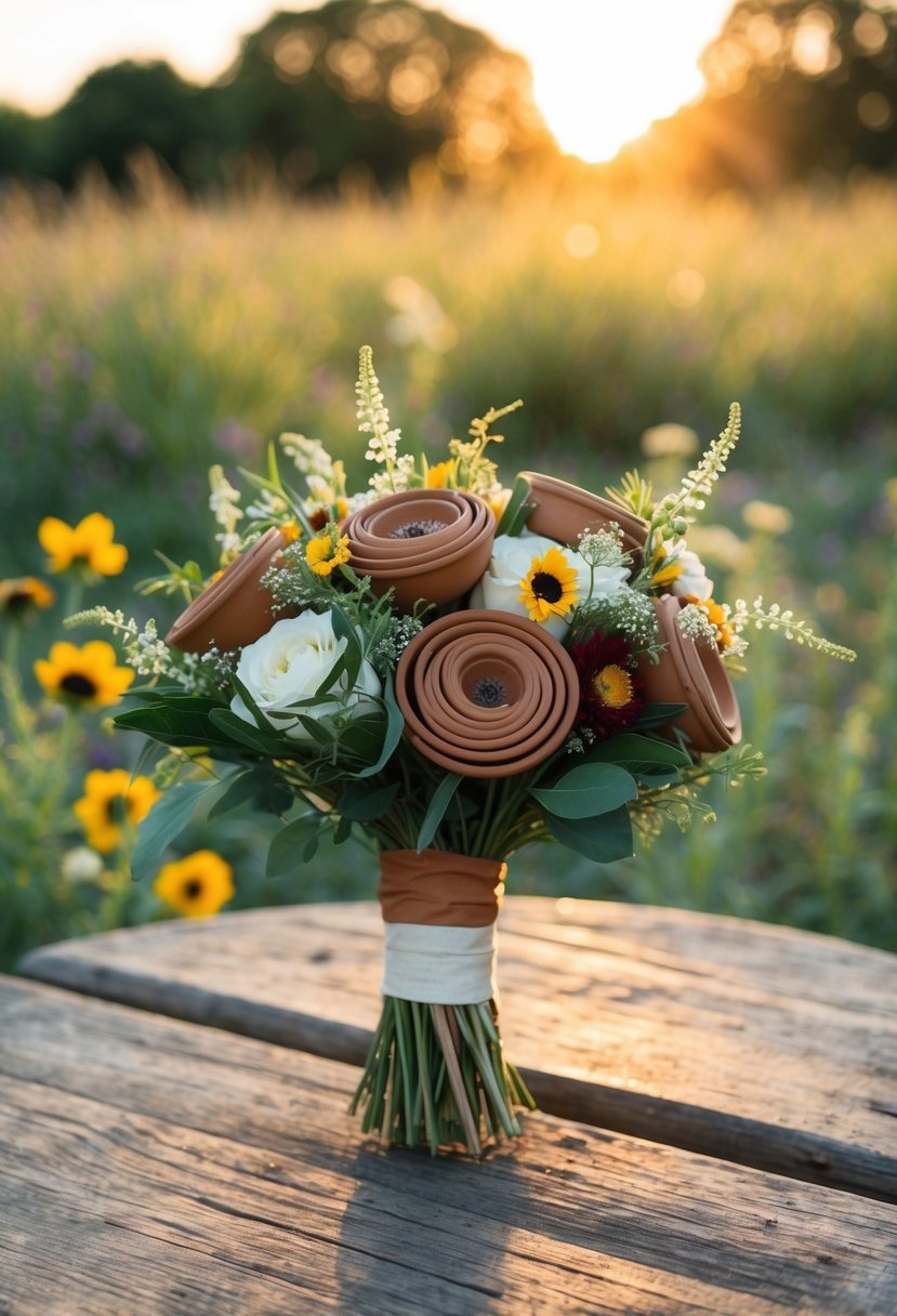 A terracotta wedding bouquet sits on a rustic wooden table, bathed in the warm glow of a sunset, surrounded by wildflowers and greenery