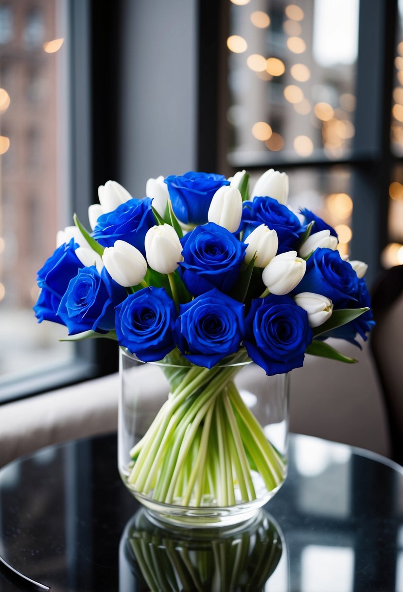 A modern bouquet with blue roses and white tulips arranged in a chic, asymmetrical design