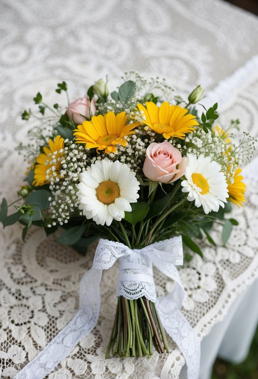 A vintage-inspired bouquet of daisies, roses, and baby's breath, tied with lace ribbon, resting on a lace tablecloth