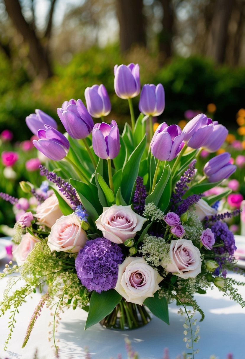 A vibrant bouquet of lavender tulips and roses, surrounded by whimsical wildflowers, creating a stunning wedding centerpiece