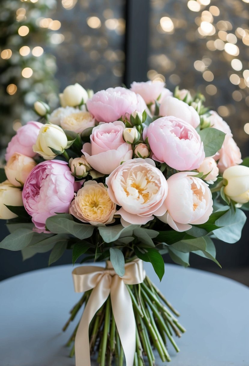 A lush bouquet of romantic roses and peonies in soft pastel colors, tied with a satin ribbon