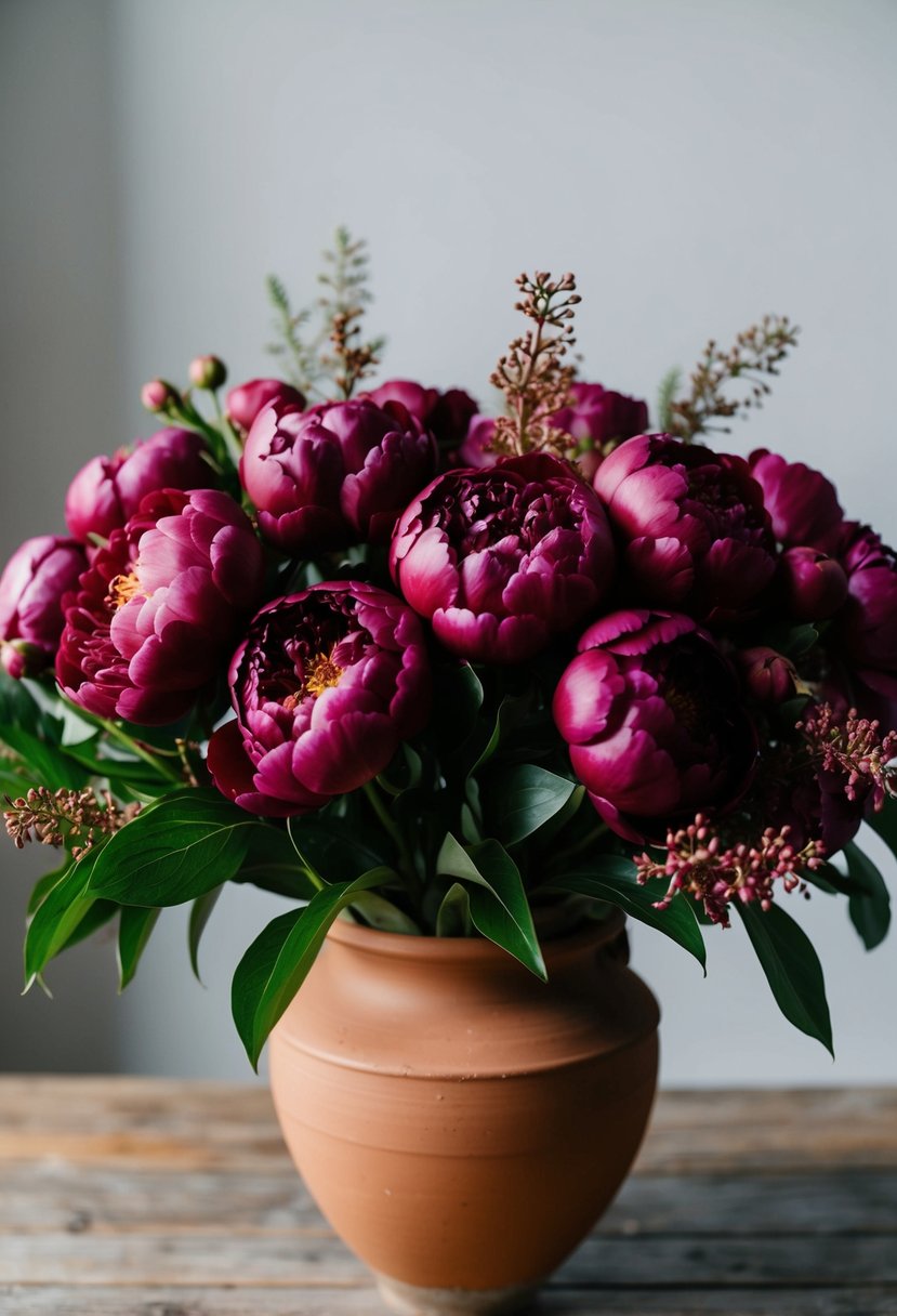 A lush bouquet of burgundy peonies and terracotta accents arranged in a rustic terracotta vase