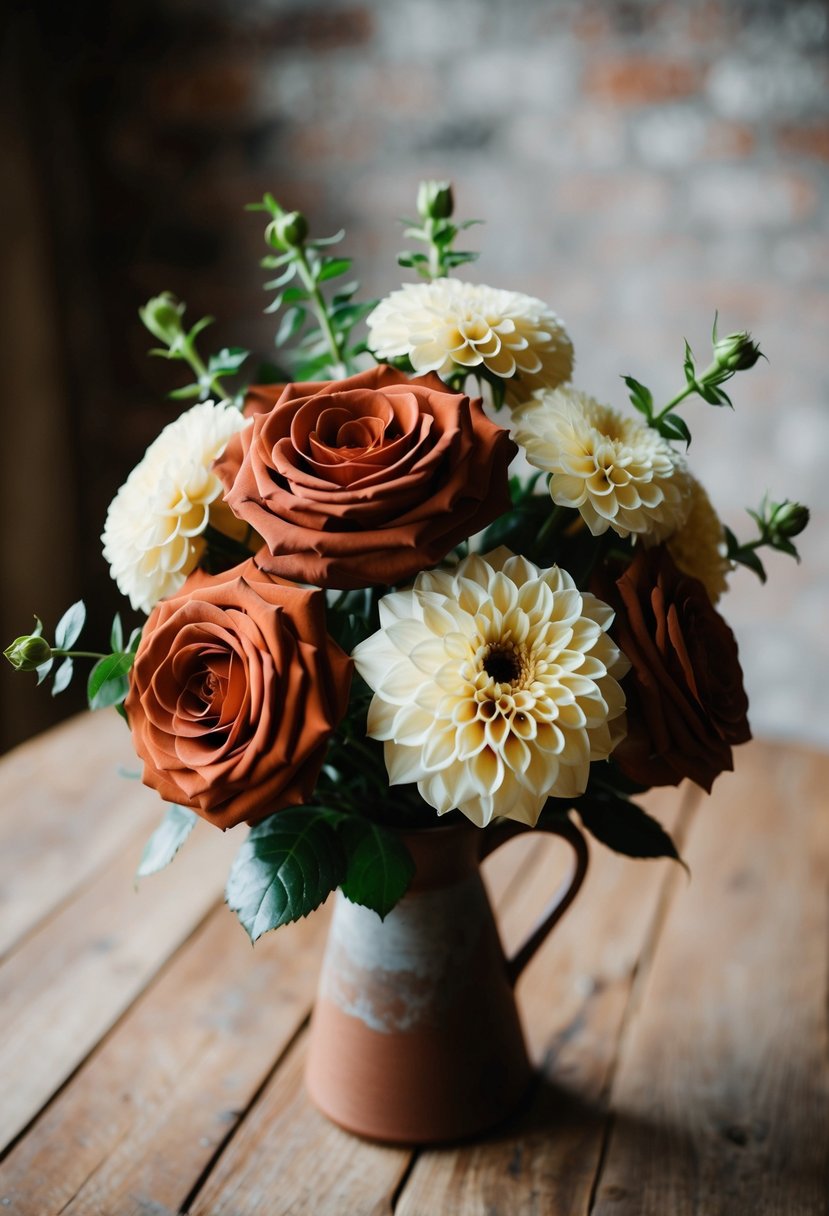 A terracotta rose and cream dahlia bouquet arranged in a rustic vase on a wooden table