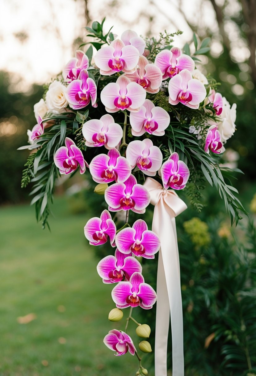 A vintage-inspired bouquet of cascading orchids in shades of pink and white, accented with greenery and tied with a satin ribbon