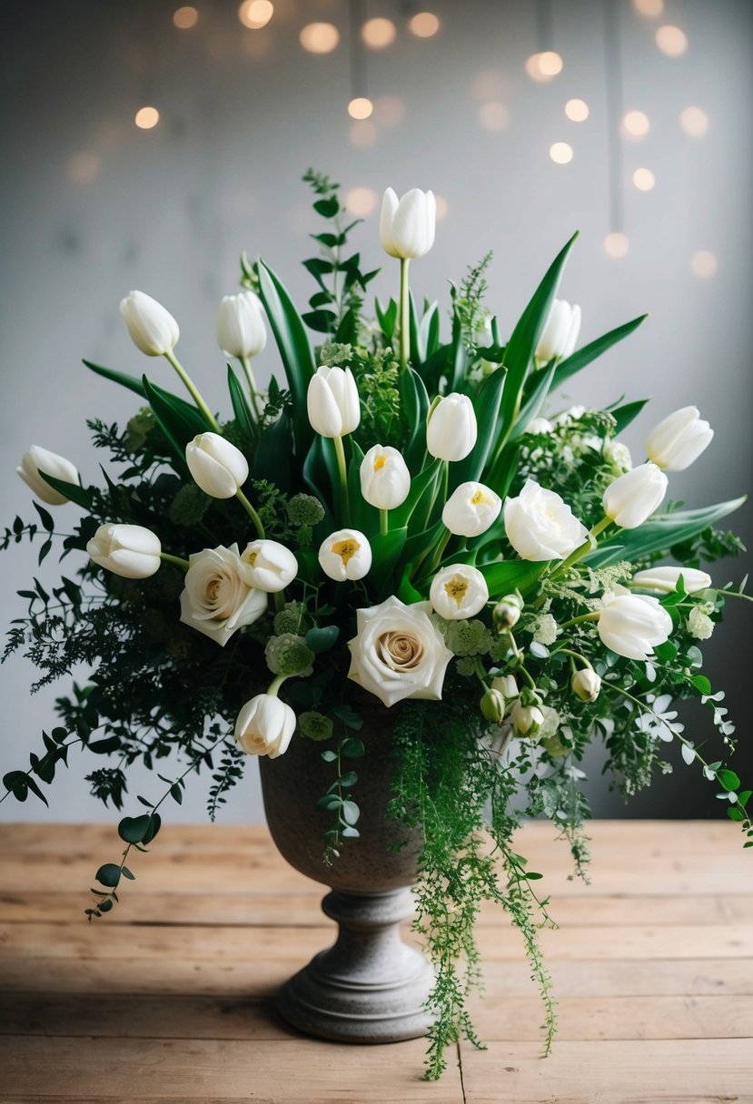 A lush bouquet of greenery, white tulips, and roses cascading from a rustic vase